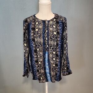 Nine West Flowy High-low Hem Aztec Geometric Print Quarter Button Down Blouse